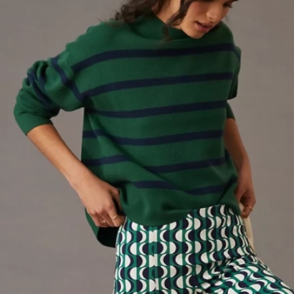 Maeve Carys Mock Neck Sweater Oversize green navy stripe Medium